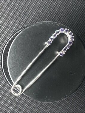Silver Safety Pin Brooch with Purple Crystals
